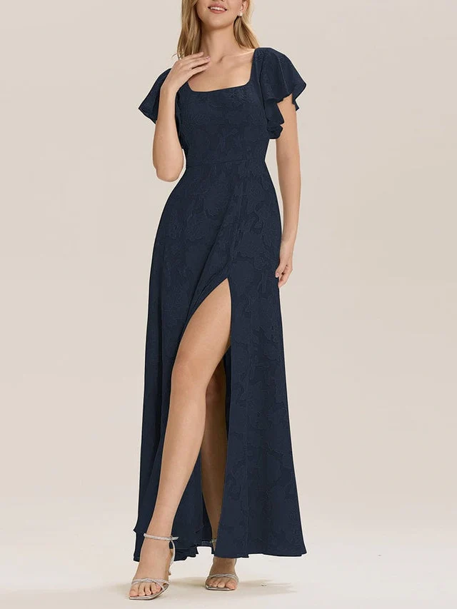 A-Line/Princess Square-Neck Short Sleeves Chiffon Floor-Length Bridesmaid Dresses with Split Side & Ruched - Image 9