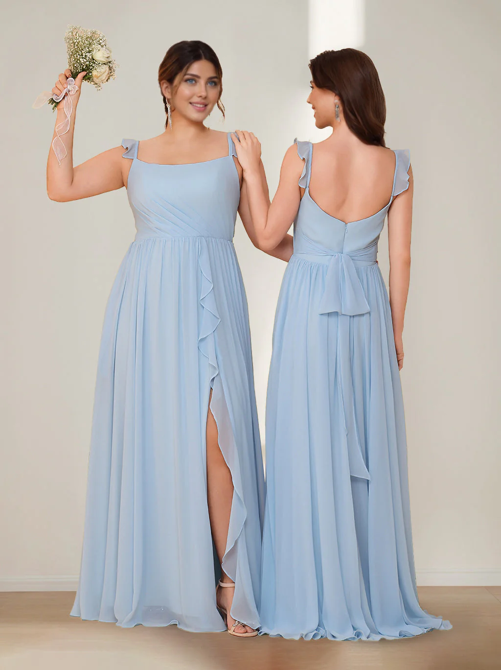 A-Line/Princess Square Neck Sleeveless Floor-Length Chiffon Bridesmaid Dresses with Split Side & Ruffles - Image 2