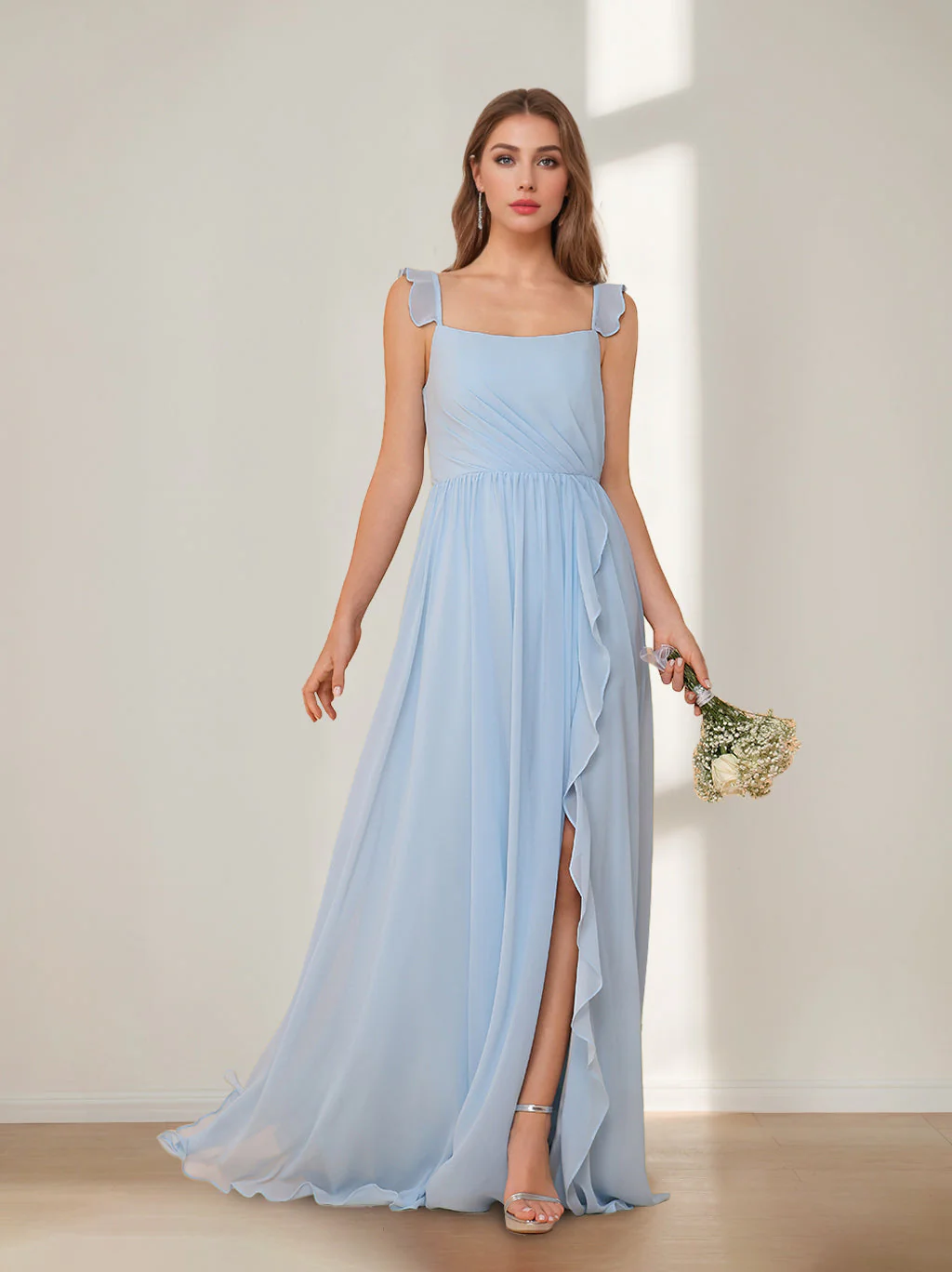 A-Line/Princess Square Neck Sleeveless Floor-Length Chiffon Bridesmaid Dresses with Split Side & Ruffles - Image 3