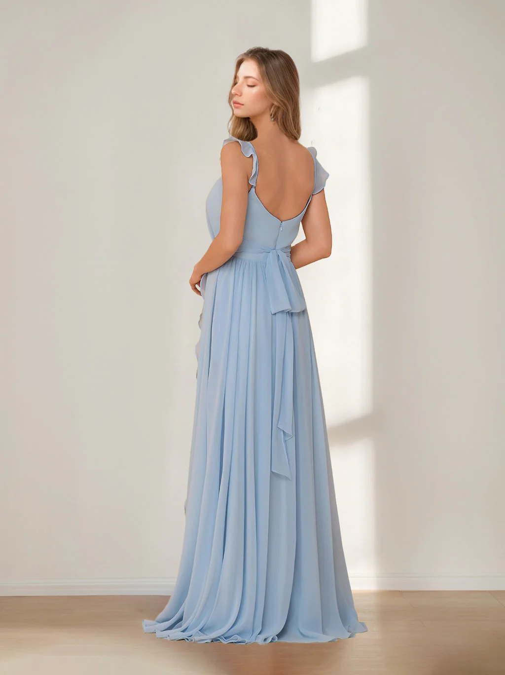A-Line/Princess Square Neck Sleeveless Floor-Length Chiffon Bridesmaid Dresses with Split Side & Ruffles - Image 4
