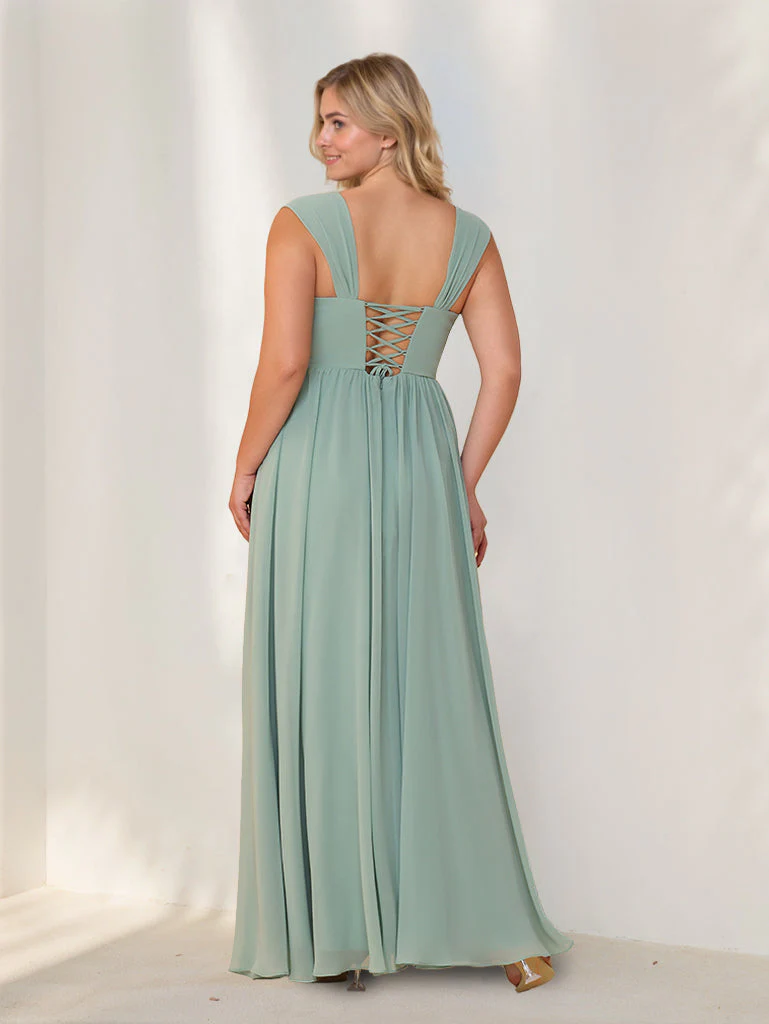 A-Line/Princess Square Neck Sleeveless Floor-Length Chiffon Plus Size Bridesmaid Dresses with Pleats - Image 2
