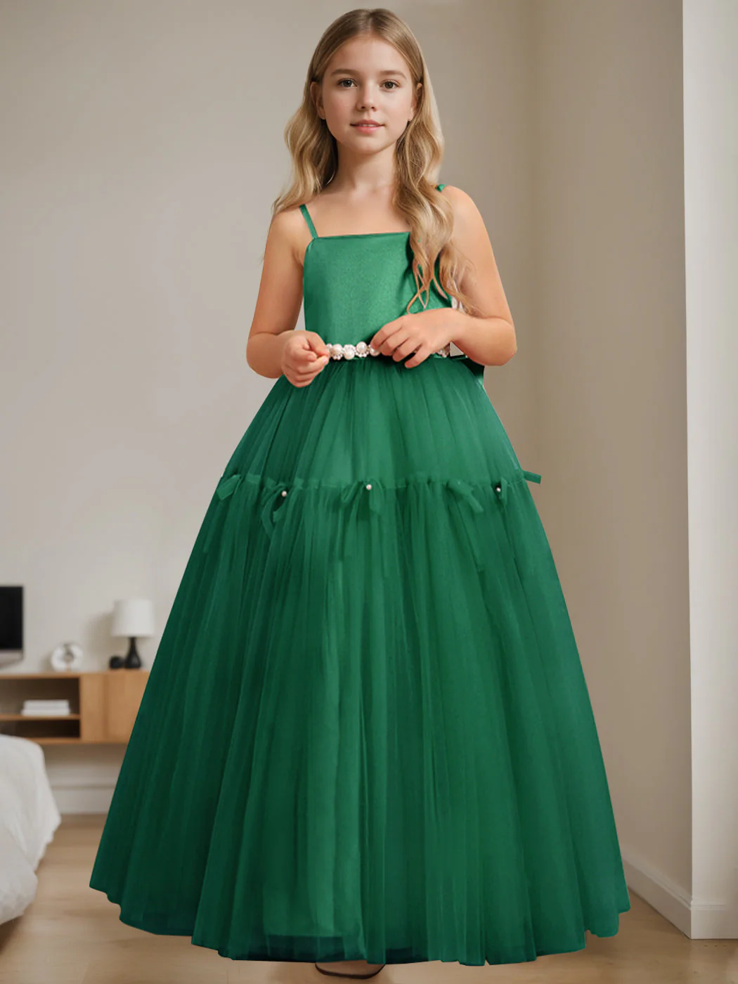 A-Line/Princess Square Neck Sleeveless Floor-Length Flower Girl Dress with Beading - Image 10