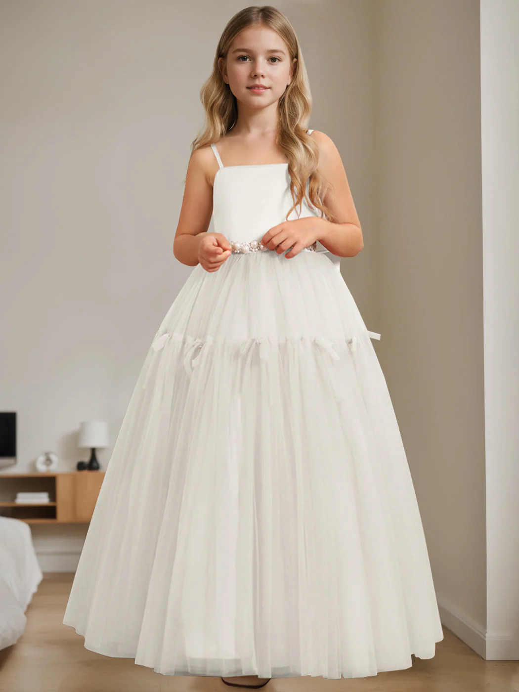 A-Line/Princess Square Neck Sleeveless Floor-Length Flower Girl Dress with Beading - Image 12