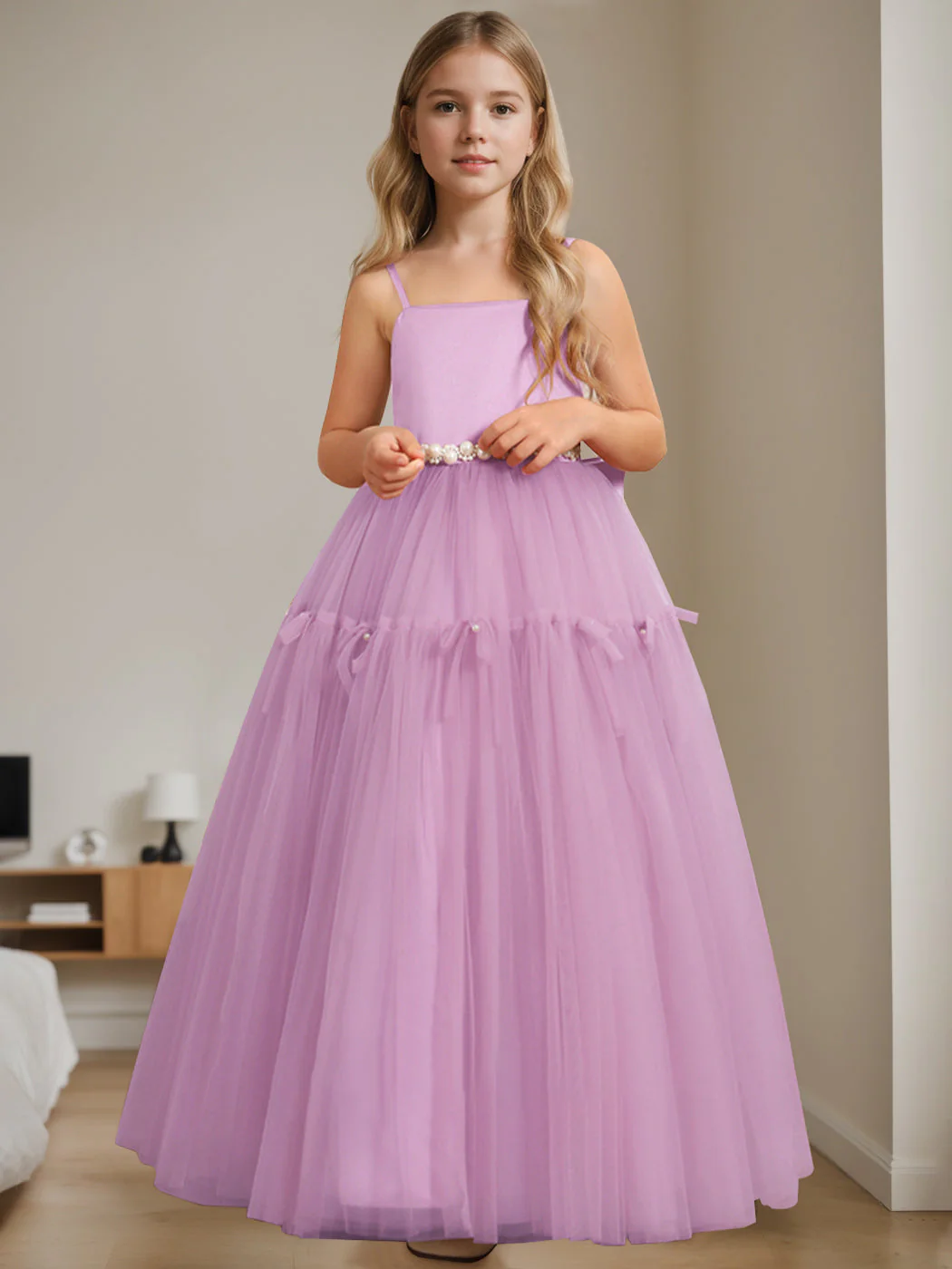 A-Line/Princess Square Neck Sleeveless Floor-Length Flower Girl Dress with Beading - Image 13
