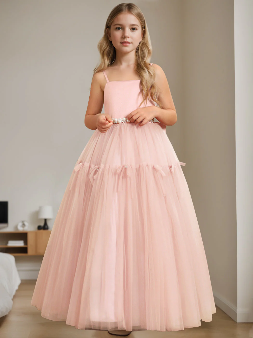 A-Line/Princess Square Neck Sleeveless Floor-Length Flower Girl Dress with Beading - Image 14