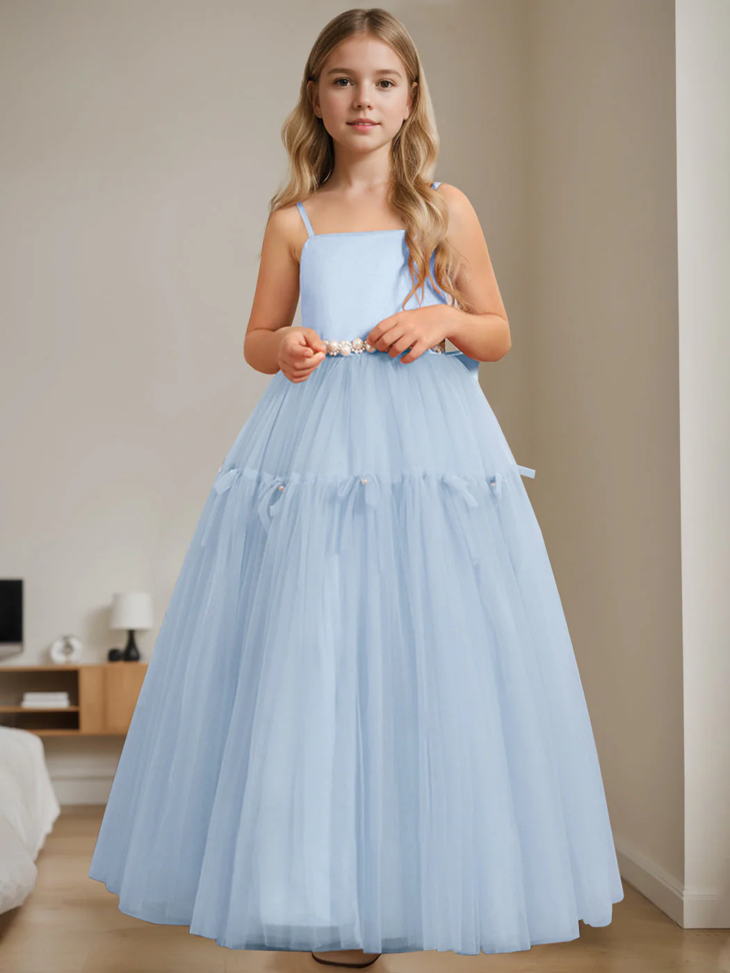 A-Line/Princess Square Neck Sleeveless Floor-Length Flower Girl Dress with Beading - Image 15