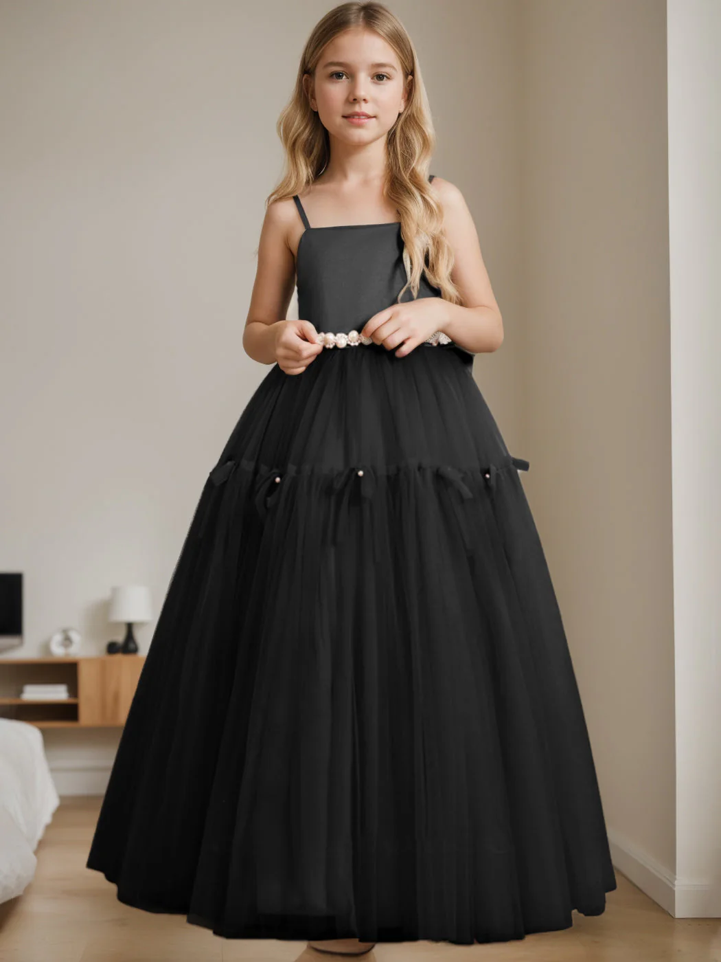 A-Line/Princess Square Neck Sleeveless Floor-Length Flower Girl Dress with Beading - Image 5