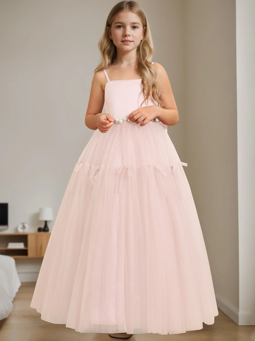 A-Line/Princess Square Neck Sleeveless Floor-Length Flower Girl Dress with Beading - Image 6