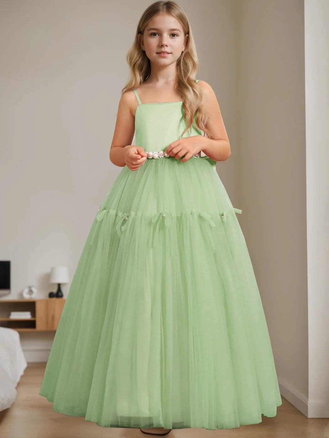 A-Line/Princess Square Neck Sleeveless Floor-Length Flower Girl Dress with Beading - Image 8