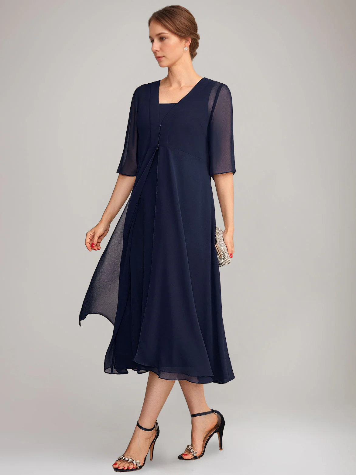 A-Line/Princess Square Neck Sleeveless Tea-Length Mother of the Bride Dresses with Long Jacket - Image 3
