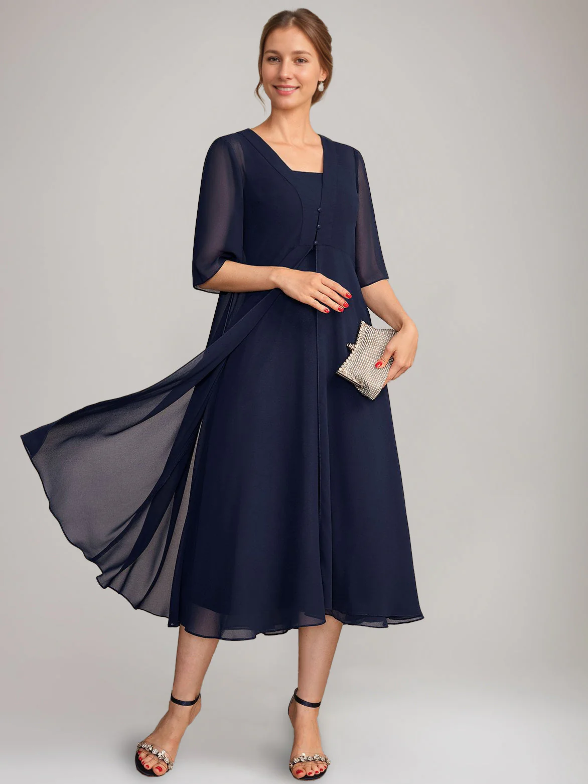 A-Line/Princess Square Neck Sleeveless Tea-Length Mother of the Bride Dresses with Long Jacket - Image 4