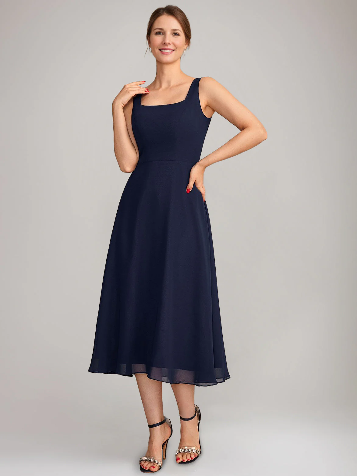 A-Line/Princess Square Neck Sleeveless Tea-Length Mother of the Bride Dresses with Long Jacket - Image 5