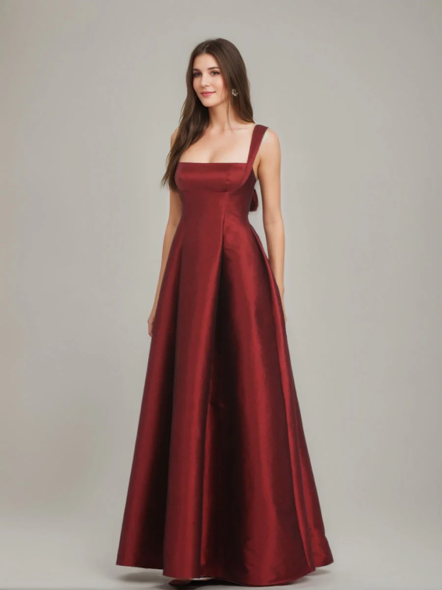 A-Line/Princess Square Neckline Floor-length Prom Dresses with Bowknot - Image 2