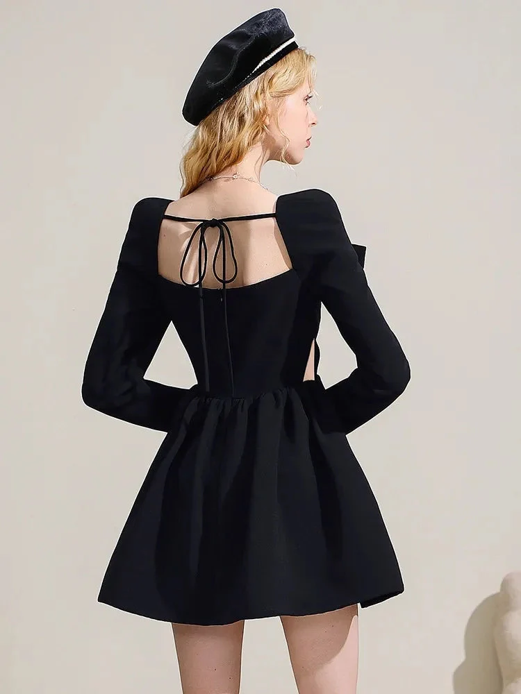 A-Line/Princess Square Neckline Long Sleeves Pleated Mini/Short Vintage Dresses with Jewel Appliques & Self-tie - Image 5