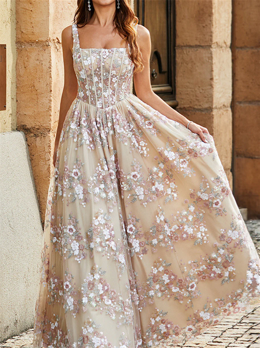A-Line/Princess Square Neckline Sleeveless Floor-Length Evening Dress with Appliques - Image 4