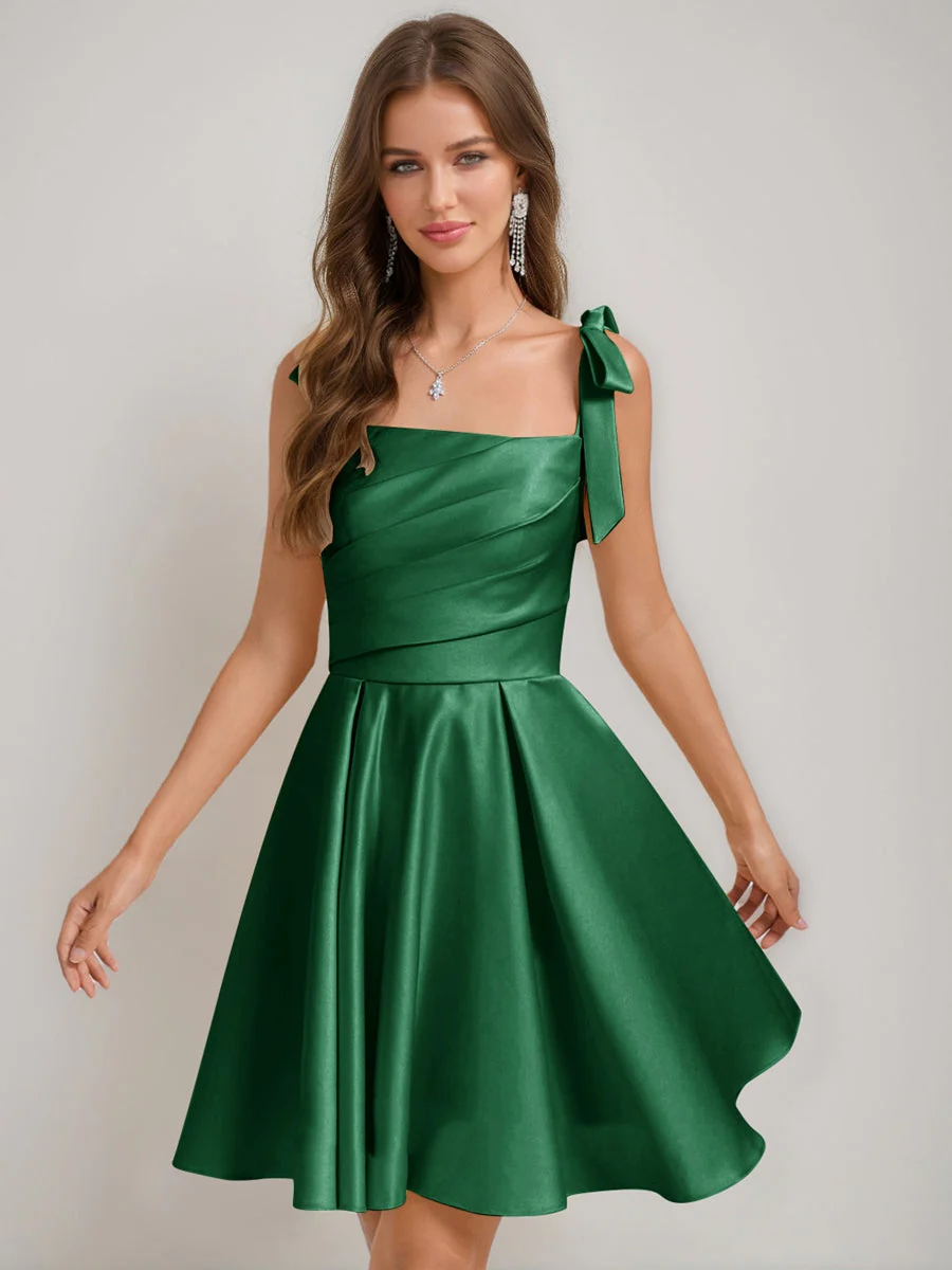 A-Line/Princess Square Pleated Mini Dresses Short Homecoming Dresses with Bow(s) - Image 13
