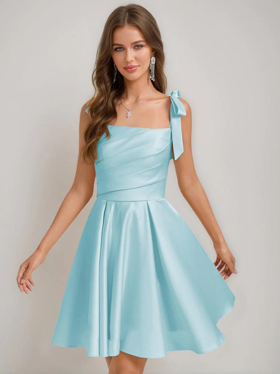A-Line/Princess Square Pleated Mini Dresses Short Homecoming Dresses with Bow(s) - Image 25