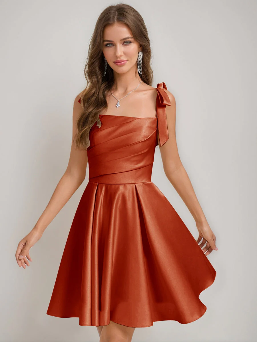 A-Line/Princess Square Pleated Mini Dresses Short Homecoming Dresses with Bow(s) - Image 53