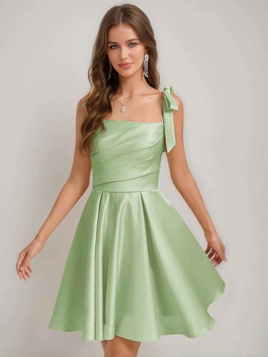 A-Line/Princess Square Pleated Mini Dresses Short Homecoming Dresses with Bow(s) - Image 54