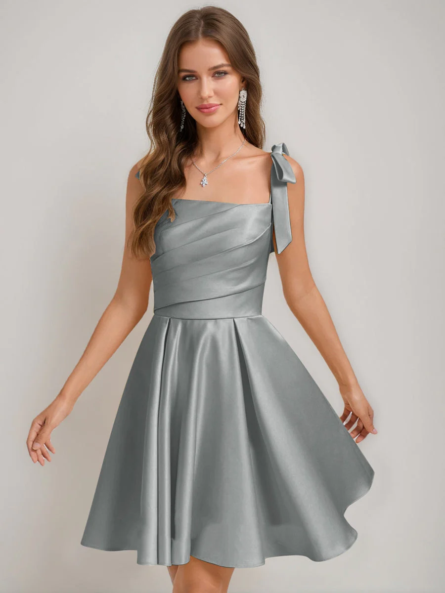 A-Line/Princess Square Pleated Mini Dresses Short Homecoming Dresses with Bow(s) - Image 58