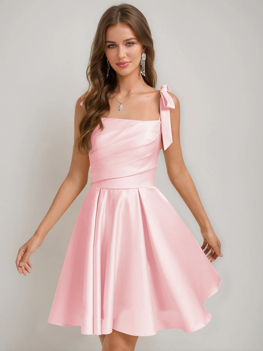 A-Line/Princess Square Pleated Mini Dresses Short Homecoming Dresses with Bow(s) - Image 67