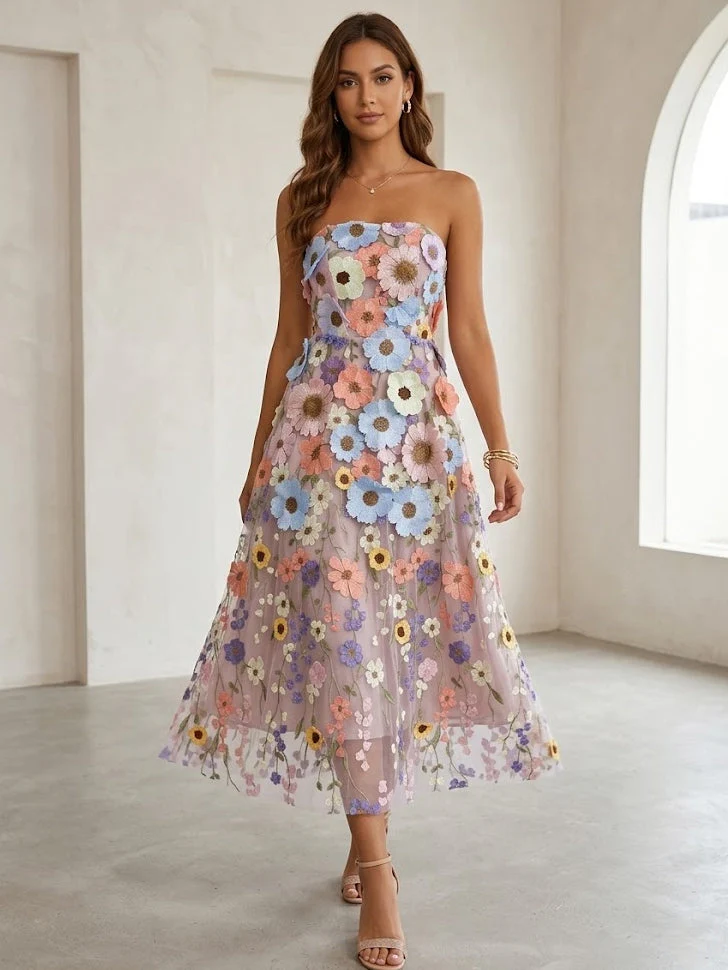 A-Line/Princess Strapless Printed Wedding Guest Dresses Tea-Length Sleeveless Floral - Image 7