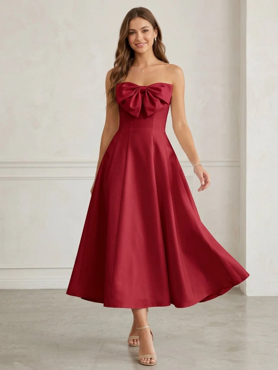 A-Line/Princess Strapless Satin Cocktail Dresses Tea-Length Sleeveless Bowknot Formal Dresses - Image 4
