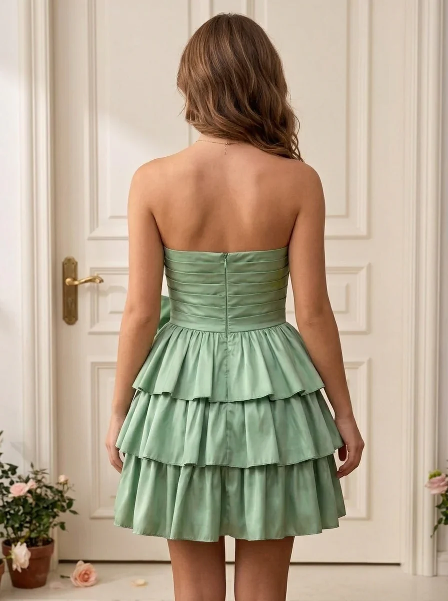 A-Line/Princess Strapless Satin Homecoming Dresses with Bowknot Short/Mini Sleeveless Ruched - Image 2