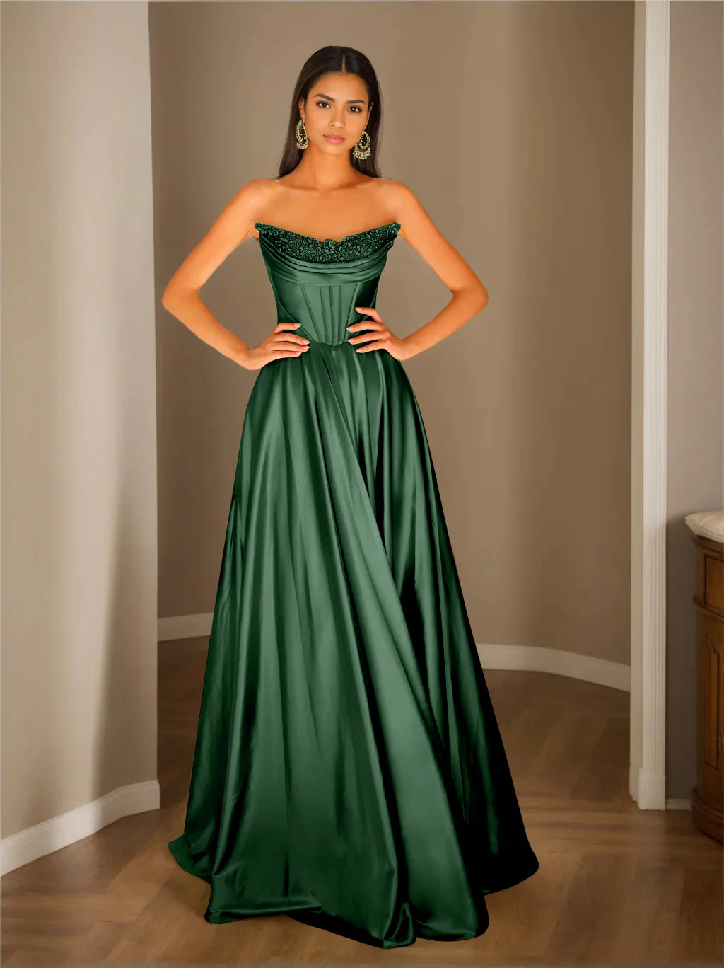 A-Line/Princess Strapless Sleeveless Floor-Length Evening Dress with Sequins - Image 9