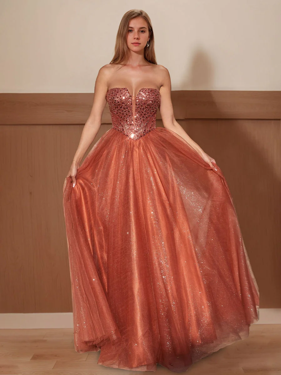 A-Line/Princess Strapless Sleeveless Floor Length Sparkling Prom Dresses with Sequins - Image 4