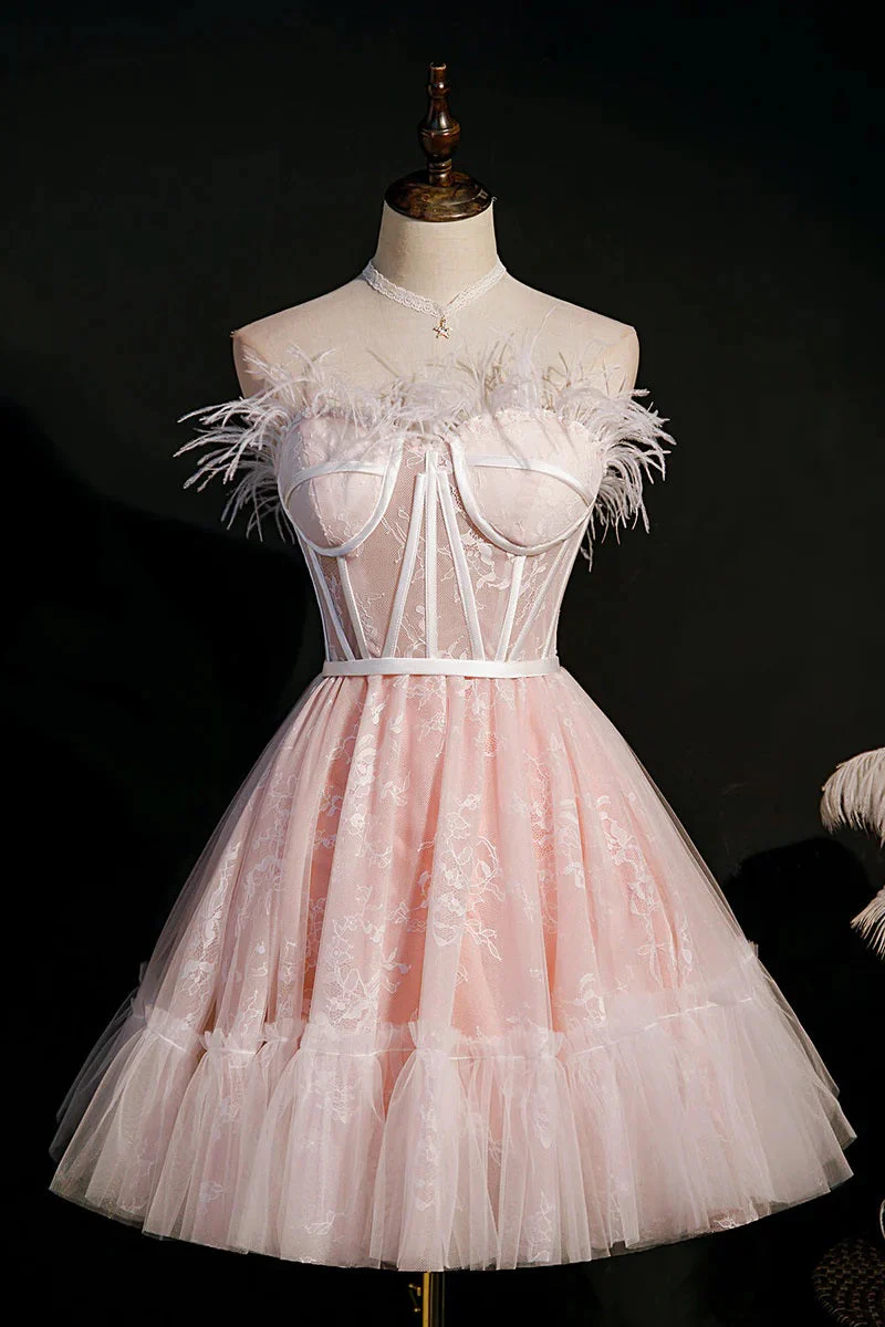 A-Line/Princess Strapless Sleeveless Short/Mini Party Dance Cocktail Homecoming Dress With Feathers - Image 2