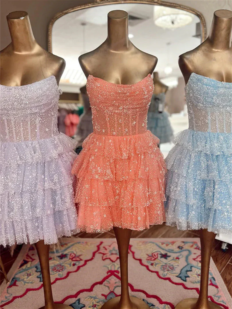 A-Line/Princess Strapless Sleeveless Short/Mini Party Dance Cocktail Homecoming Dress With Pleats & Ruffles - Image 3