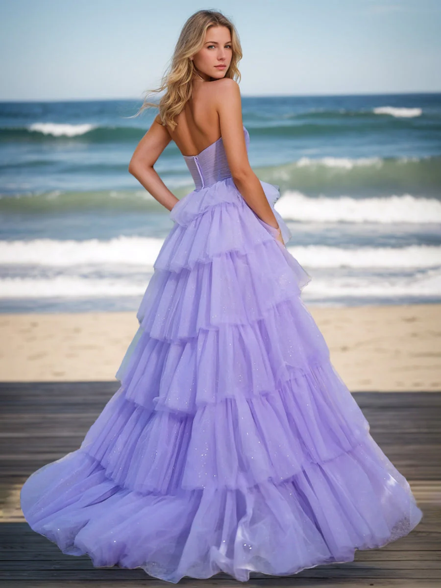 A-Line/Princess Strapless Sleeveless Sweet Prom Dresses with Ruffles & Flower - Image 2