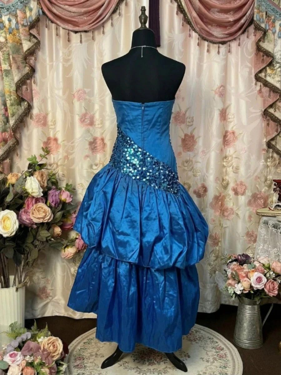 A-Line/Princess Strapless Taffeta Prom Dresses Vintage 80s Iridescent Dress Sequins Sleeveless Asymmetrical Tea-Length - Image 2