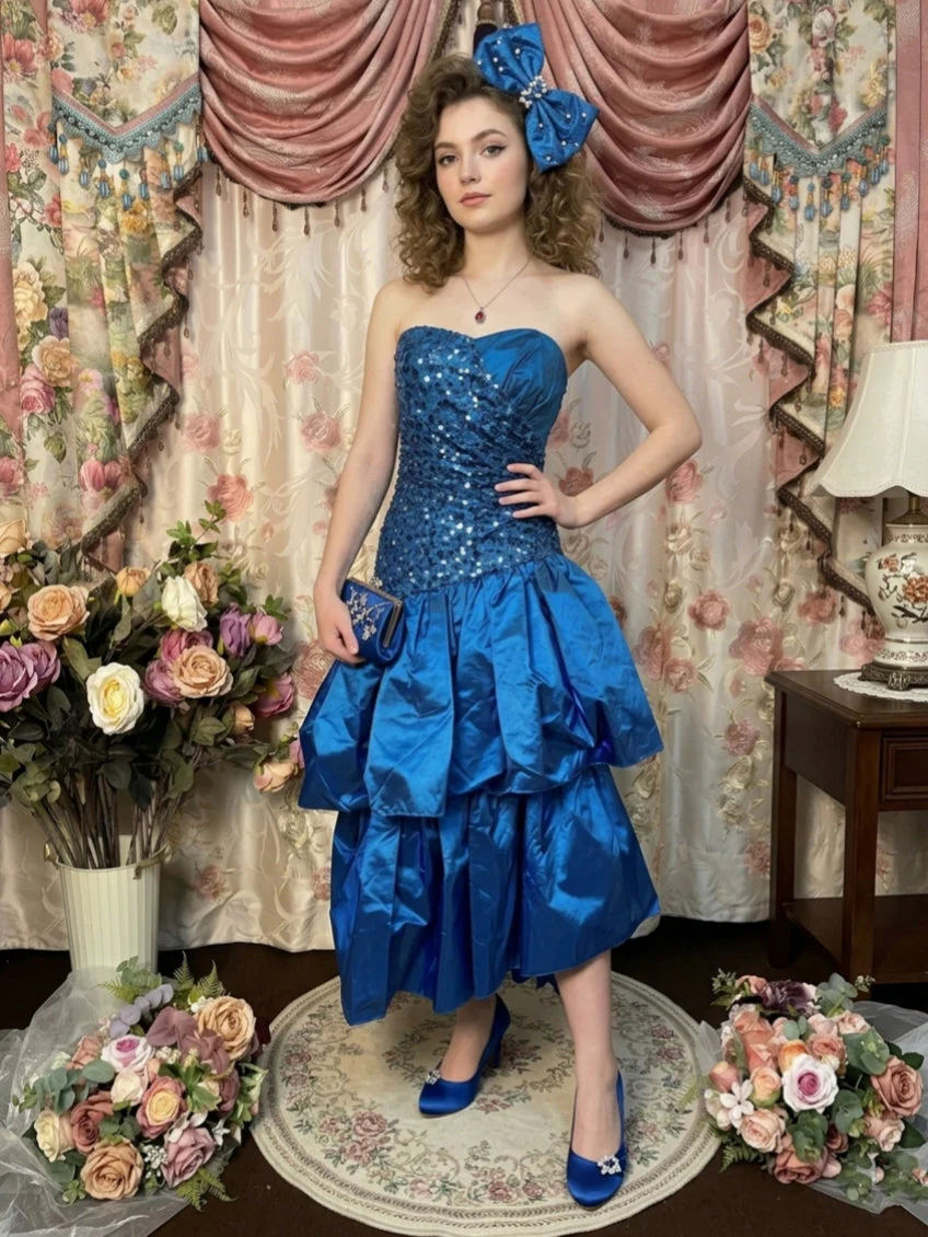A-Line/Princess Strapless Taffeta Prom Dresses Vintage 80s Iridescent Dress Sequins Sleeveless Asymmetrical Tea-Length - Image 3
