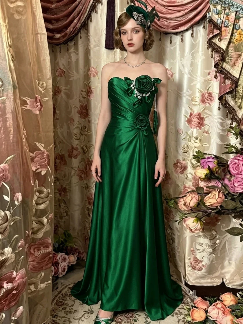 A-Line/Princess Strapless Taffeta Prom Dresses Vintage 80s Iridescent Dress Sleeveless Floor-Length 3D Flower - Image 2