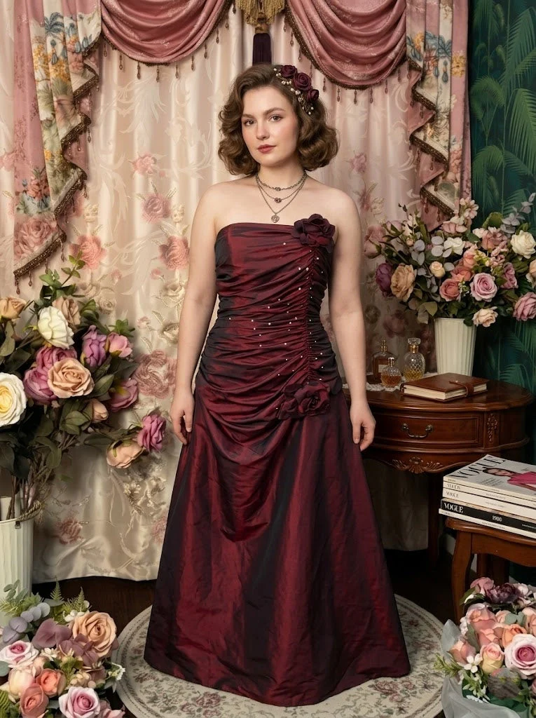 A-Line/Princess Strapless Taffeta Prom Dresses Vintage 80s Iridescent Dress Sleeveless FLoor-Length Ruched With 3D Flower - Image 3