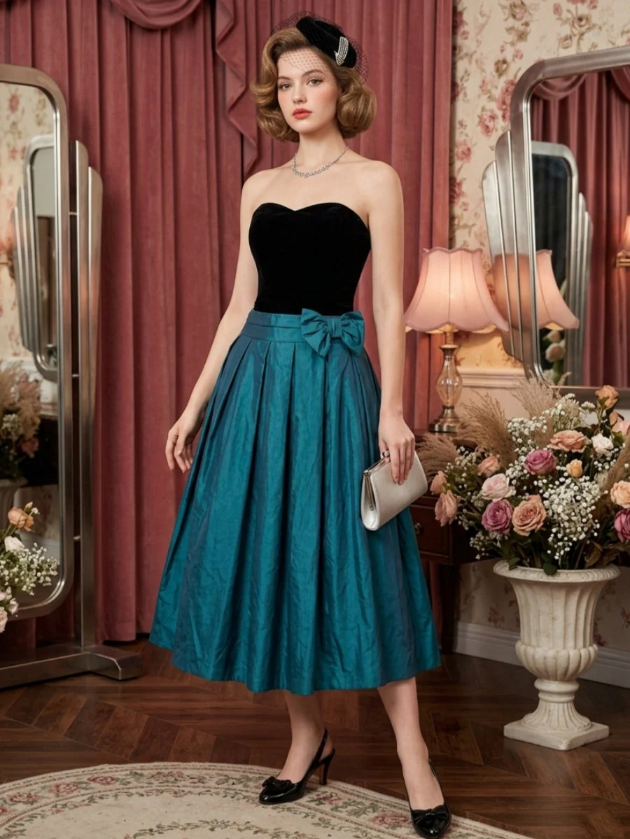 A-Line/Princess Strapless Taffeta Prom Dresses with Bowknot Vintage 80s Iridescent Dress Sleeveless Tea-Length - Image 3