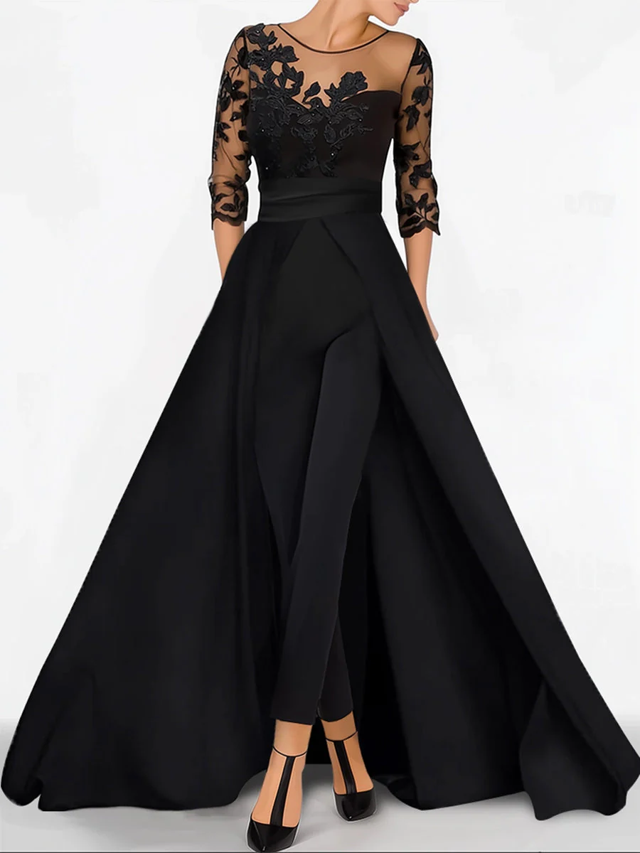A-Line/Princess Sweetheart 3/4 Sleeves Floor-Length Mother of the BrideJumpsuit with Applique