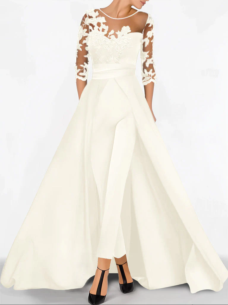 A-Line/Princess Sweetheart 3/4 Sleeves Floor-Length Mother of the BrideJumpsuit with Applique - Image 3
