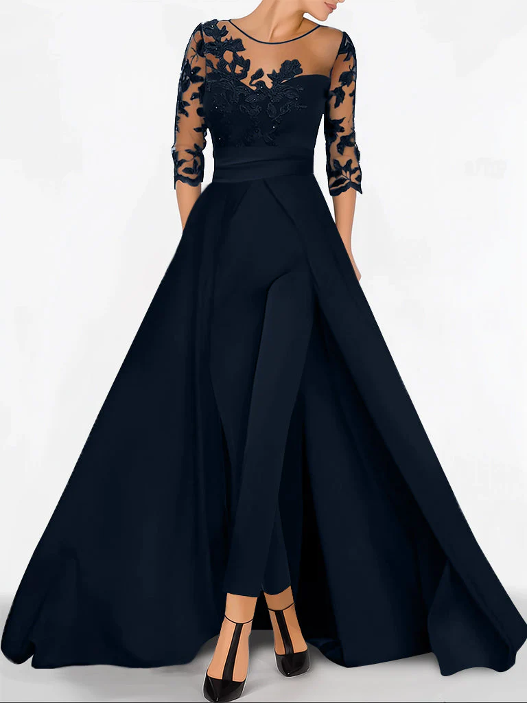 A-Line/Princess Sweetheart 3/4 Sleeves Floor-Length Mother of the BrideJumpsuit with Applique - Image 4