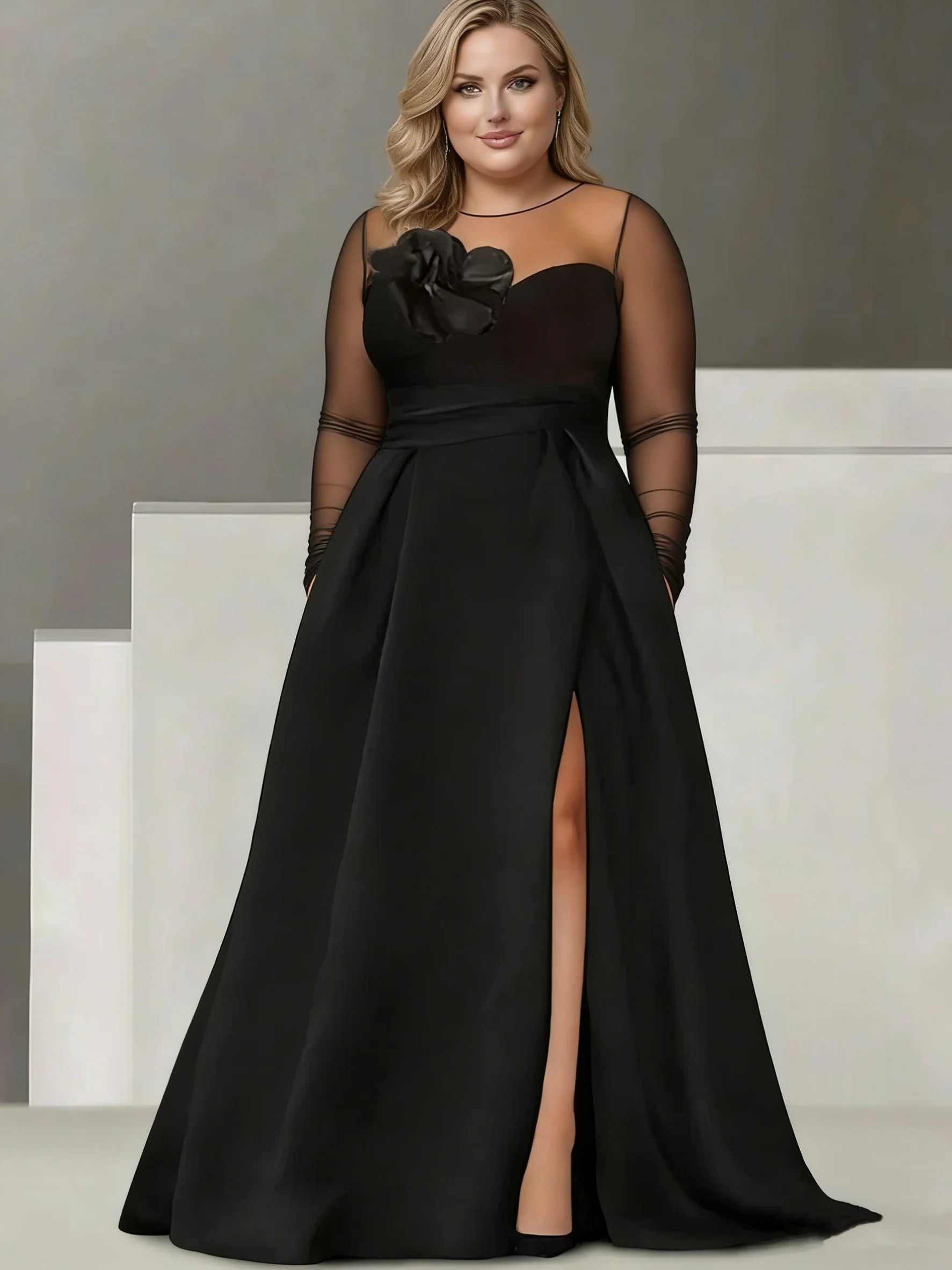 A-Line/Princess Sweetheart 3/4 Sleeves Plus Size Mother Of The Bride Dresses With Lace Flower & High Split