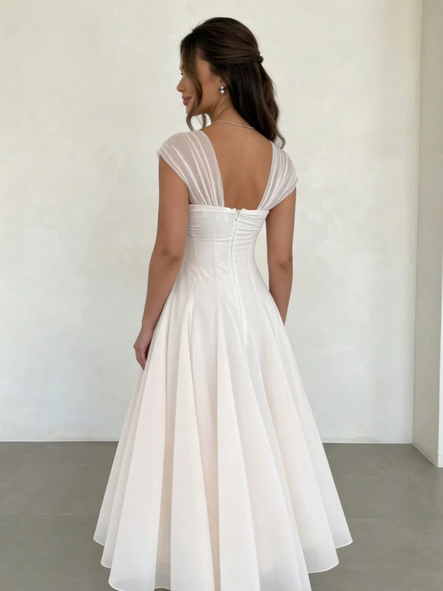 A-Line/Princess Sweetheart Chiffon Cocktail Dresses Sleeveless Tea-Length Graduation Dress Pleated Little White Dresses - Image 2
