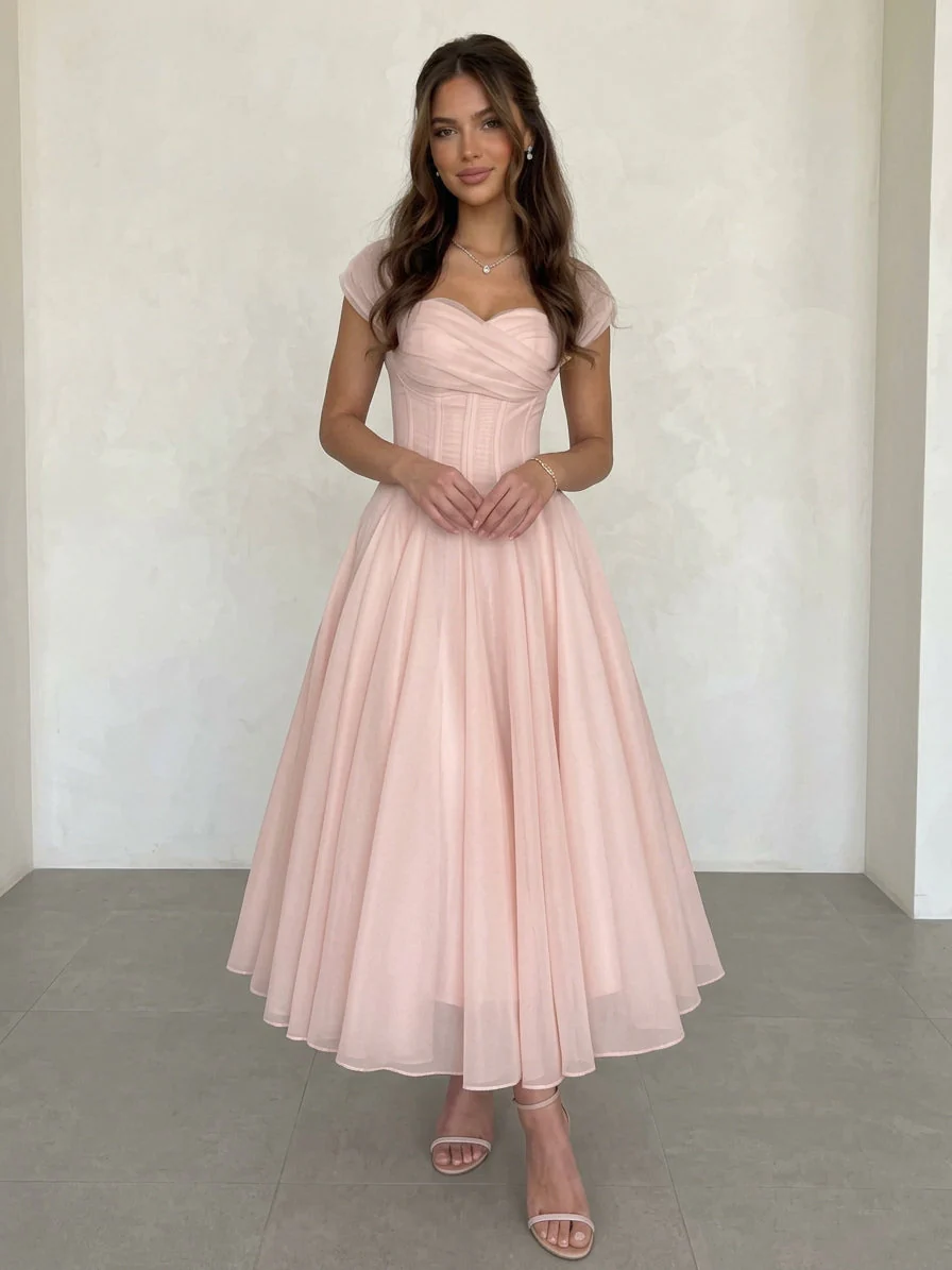 A-Line/Princess Sweetheart Chiffon Cocktail Dresses Sleeveless Tea-Length Graduation Dress Pleated Little White Dresses - Image 4