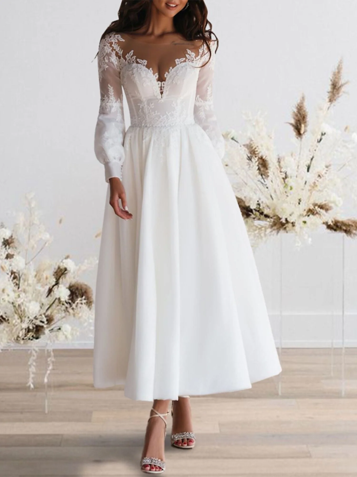 A-Line/Princess Sweetheart Long Sleeves Ankle Length Lace Wedding Dress