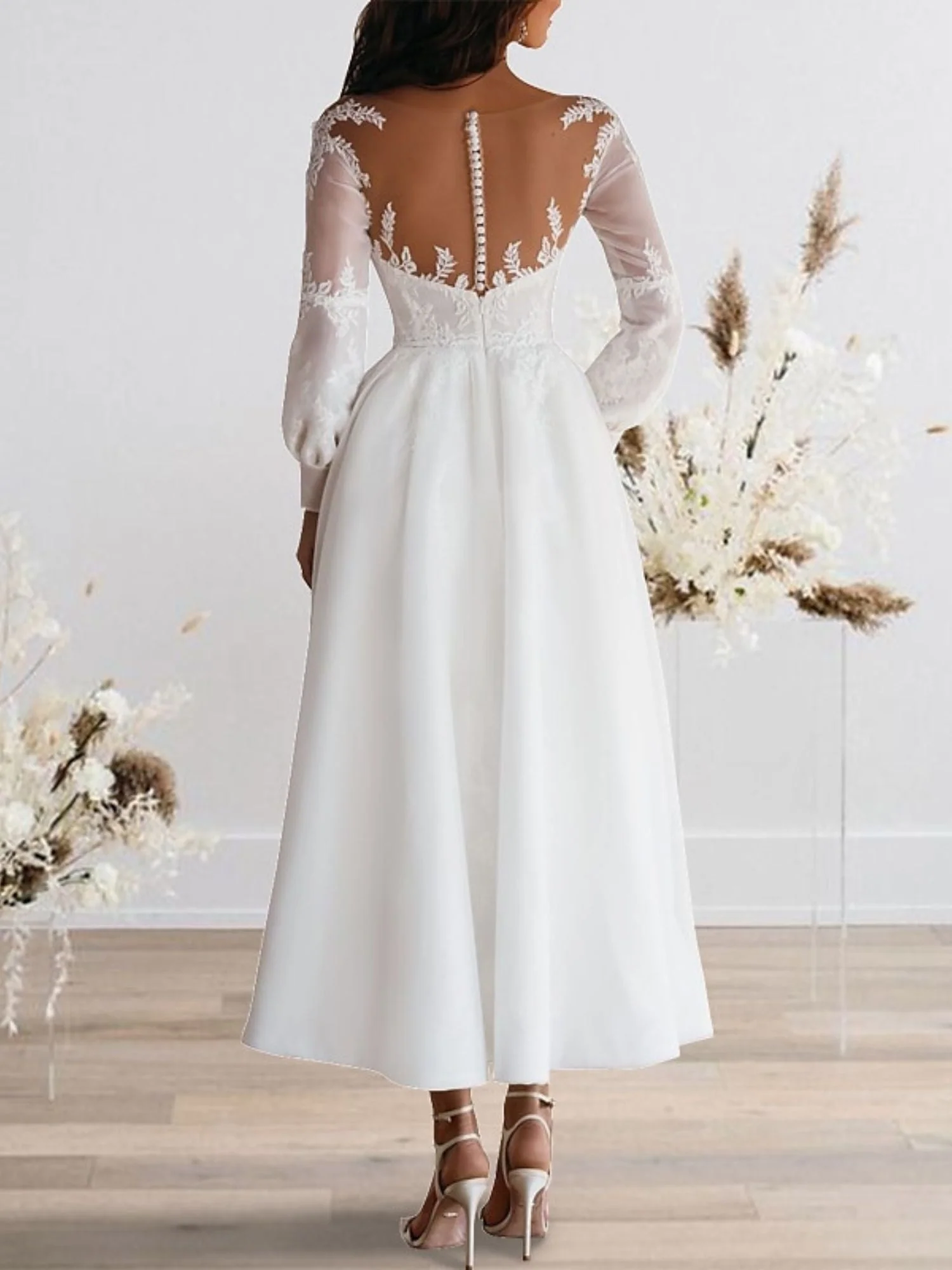 A-Line/Princess Sweetheart Long Sleeves Ankle Length Lace Wedding Dress - Image 2