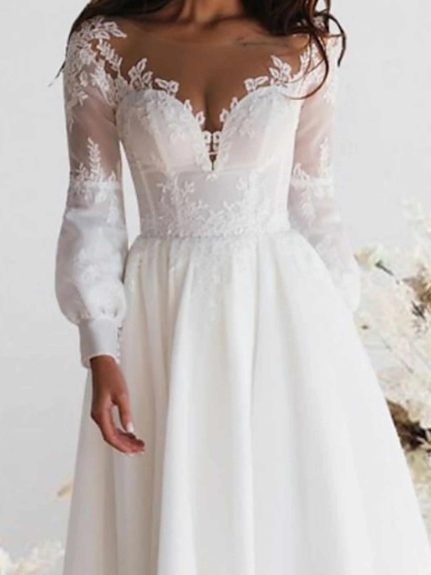 A-Line/Princess Sweetheart Long Sleeves Ankle Length Lace Wedding Dress - Image 3