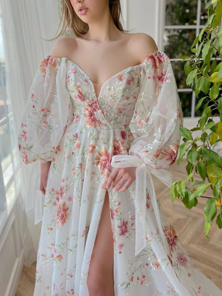 A-Line/Princess Sweetheart Long Sleeves Floor-Length Prom Dresses with Embroidery - Image 3