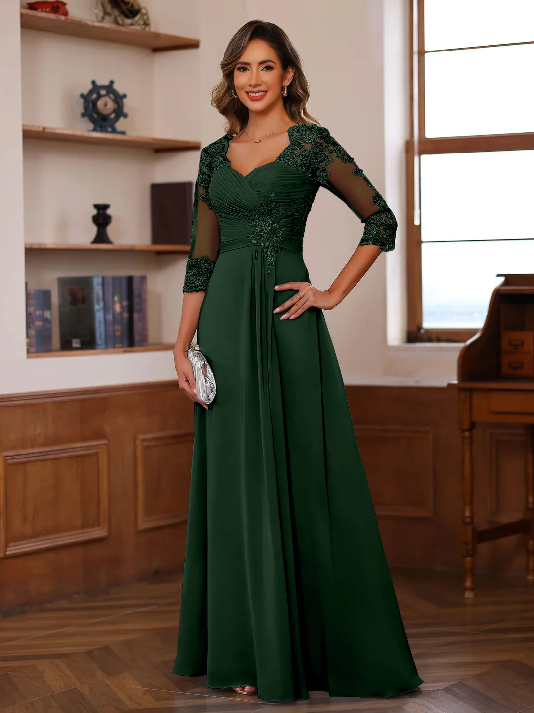 A-Line/Princess Sweetheart Neck 3/4 Length Sleeves Floor-Length Mother Of The Bride Dresses With Lace, Ruffles & Appliques - Image 28