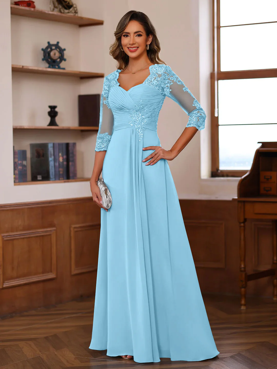 A-Line/Princess Sweetheart Neck 3/4 Length Sleeves Floor-Length Mother Of The Bride Dresses With Lace, Ruffles & Appliques - Image 32